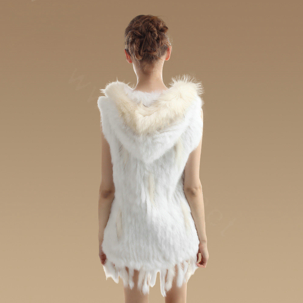 Fashion Queen Real Rabbit Fur Vests Warm kint Women's Raccoon Fur Hooded Waistcoat - White