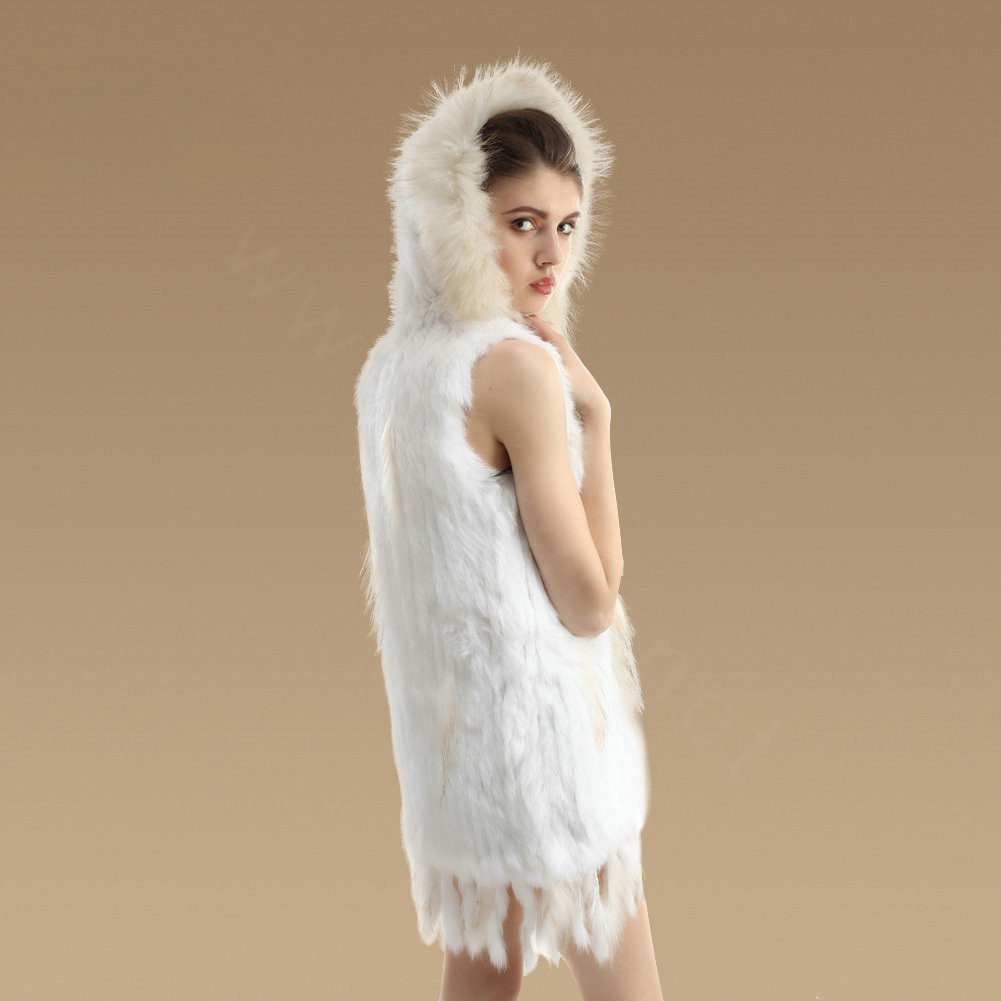 Fashion Queen Real Rabbit Fur Vests Warm kint Women's Raccoon Fur Hooded Waistcoat - White