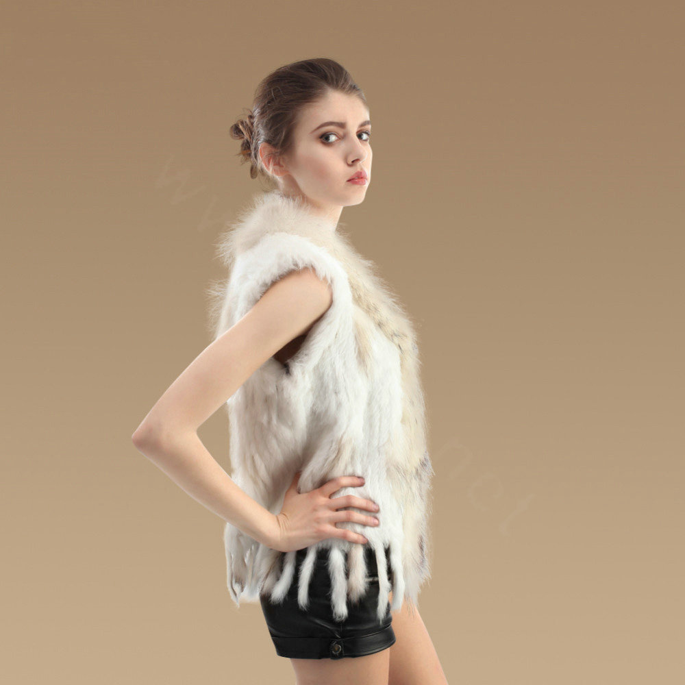 Fashion Real Rabbit Fur Vest Raccoon Fur Collar Women Knitted Winter Fur Waistcoats - White