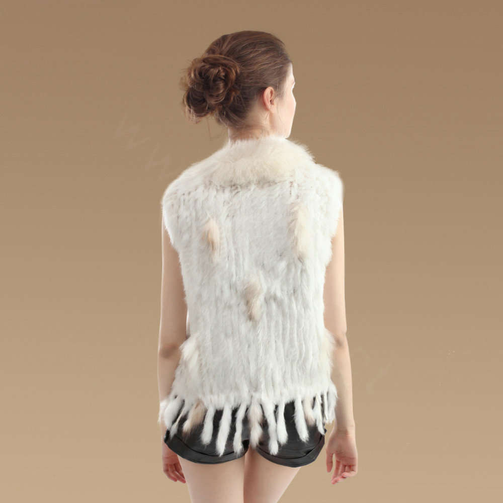 Fashion Real Rabbit Fur Vest Raccoon Fur Collar Women Knitted Winter Fur Waistcoats - White