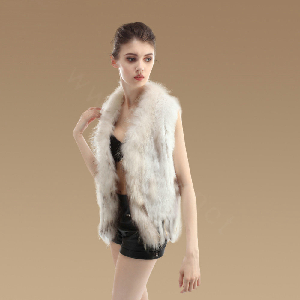 Fashion Real Rabbit Fur Vest Raccoon Fur Collar Women Knitted Winter Fur Waistcoats - White