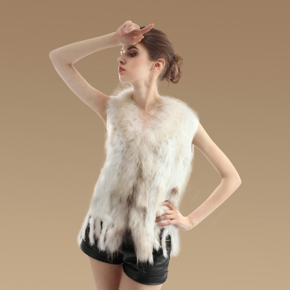 Fashion Real Rabbit Fur Vest Raccoon Fur Collar Women Knitted Winter Fur Waistcoats - White