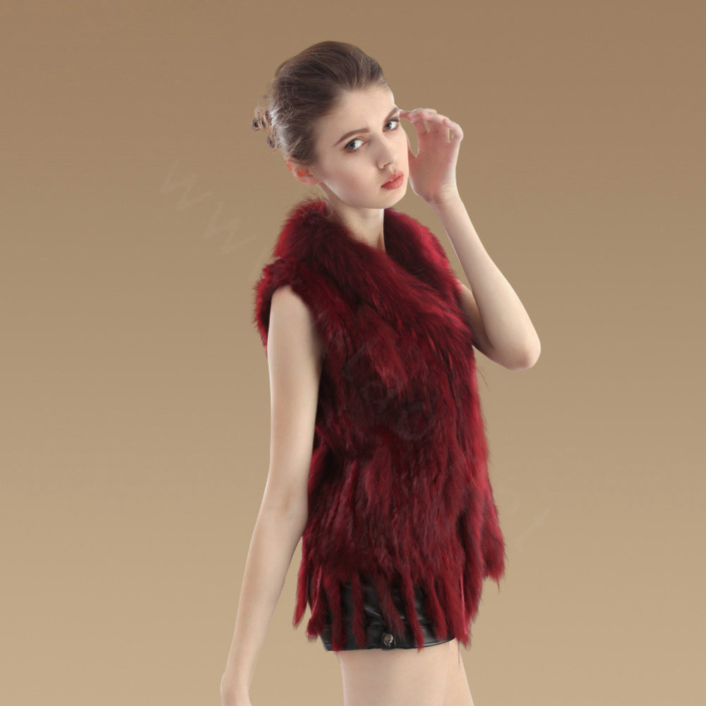 Fashion Real Rabbit Fur Vest Raccoon Fur Collar Women Knitted Winter Fur Waistcoats - Wine Red