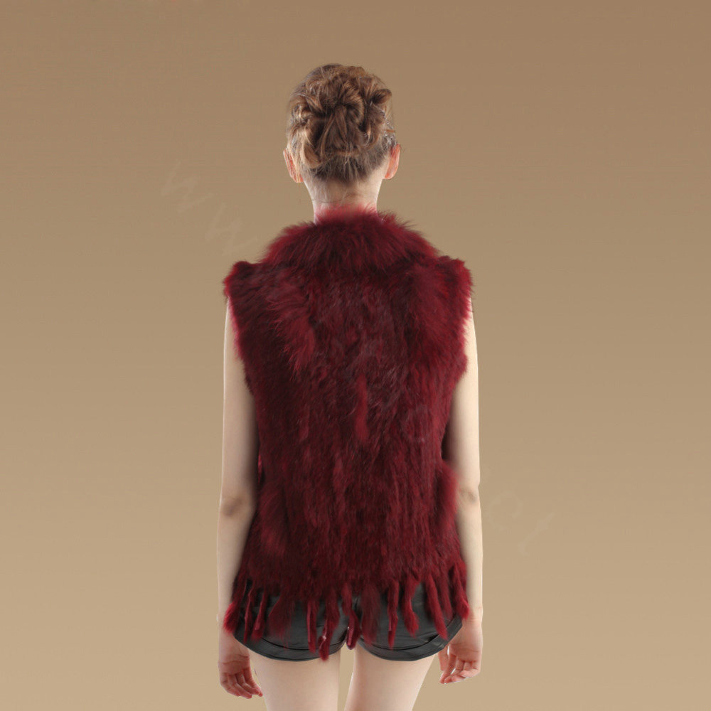 Fashion Real Rabbit Fur Vest Raccoon Fur Collar Women Knitted Winter Fur Waistcoats - Wine Red