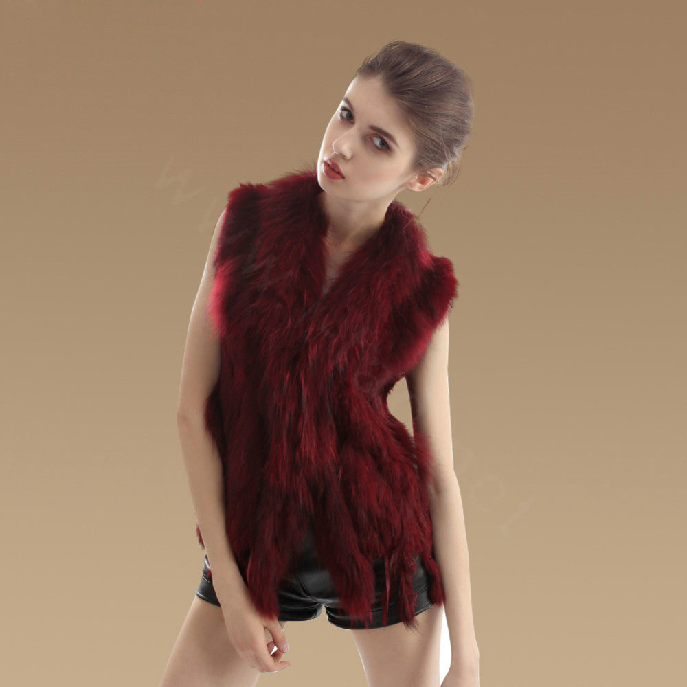 Fashion Real Rabbit Fur Vest Raccoon Fur Collar Women Knitted Winter Fur Waistcoats - Wine Red