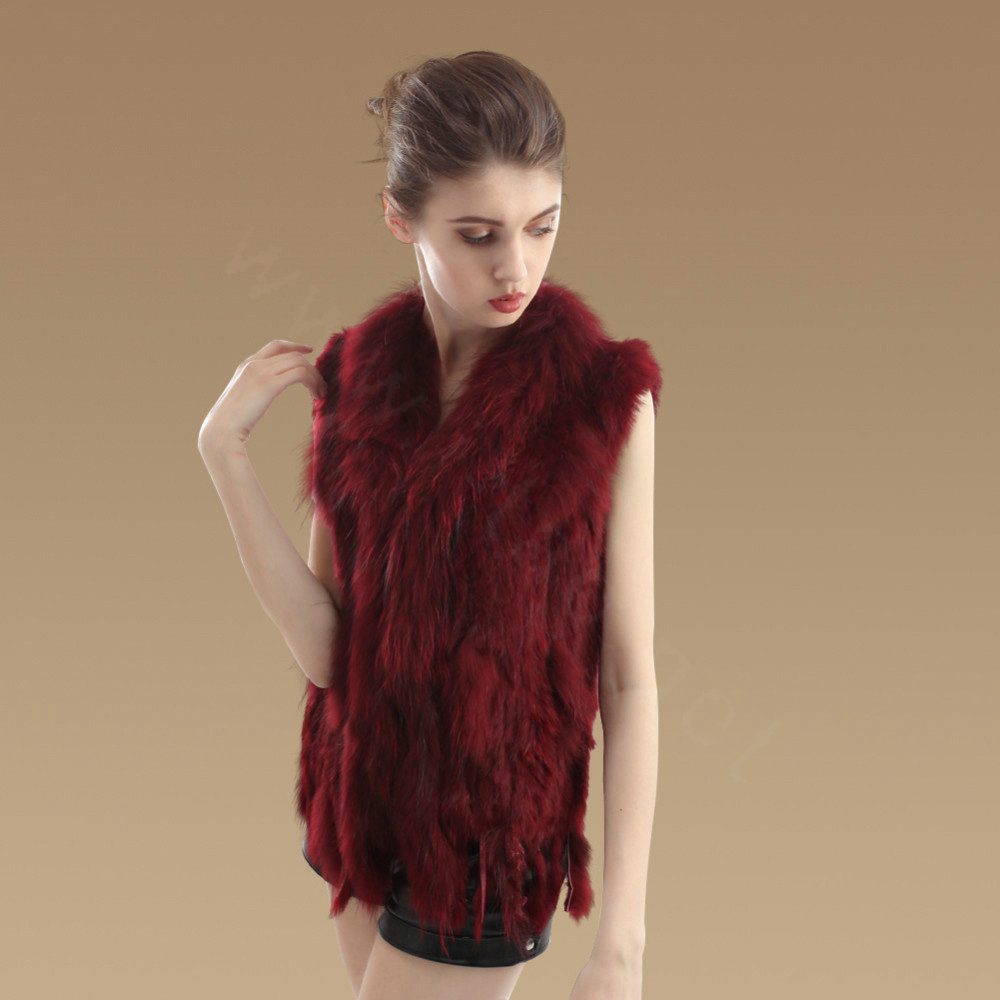 Fashion Real Rabbit Fur Vest Raccoon Fur Collar Women Knitted Winter Fur Waistcoats - Wine Red