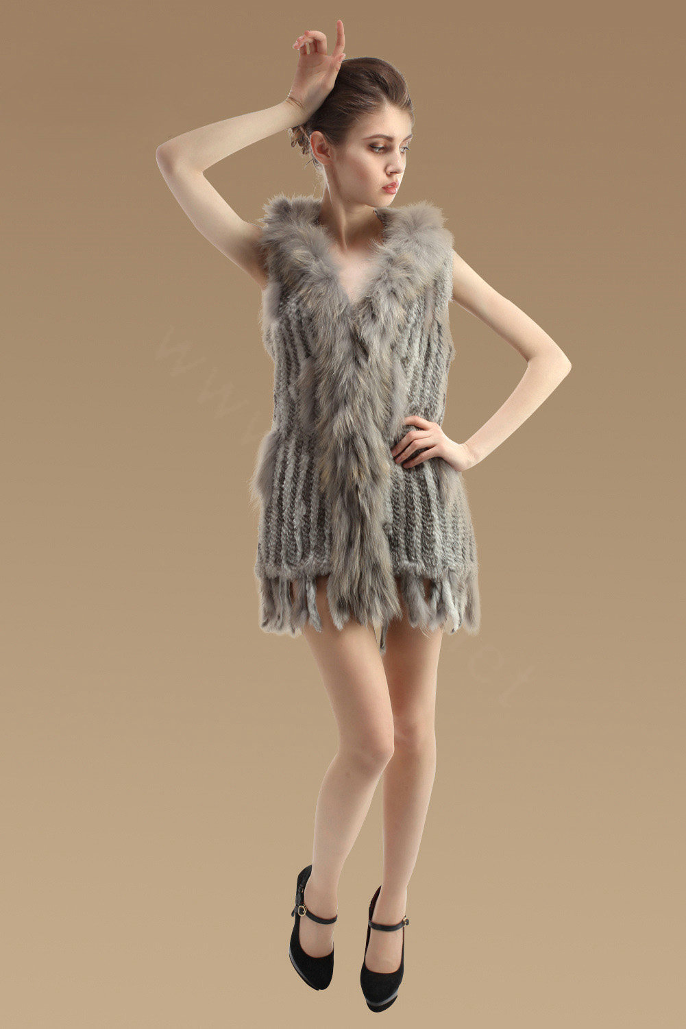 Fashion Real Rabbit Fur Vests Winter kint Women's Raccoon Fur Hooded Gilet - Natural Grey