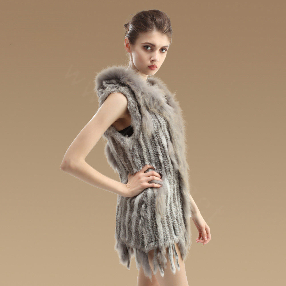 Fashion Real Rabbit Fur Vests Winter kint Women's Raccoon Fur Hooded Gilet - Natural Grey