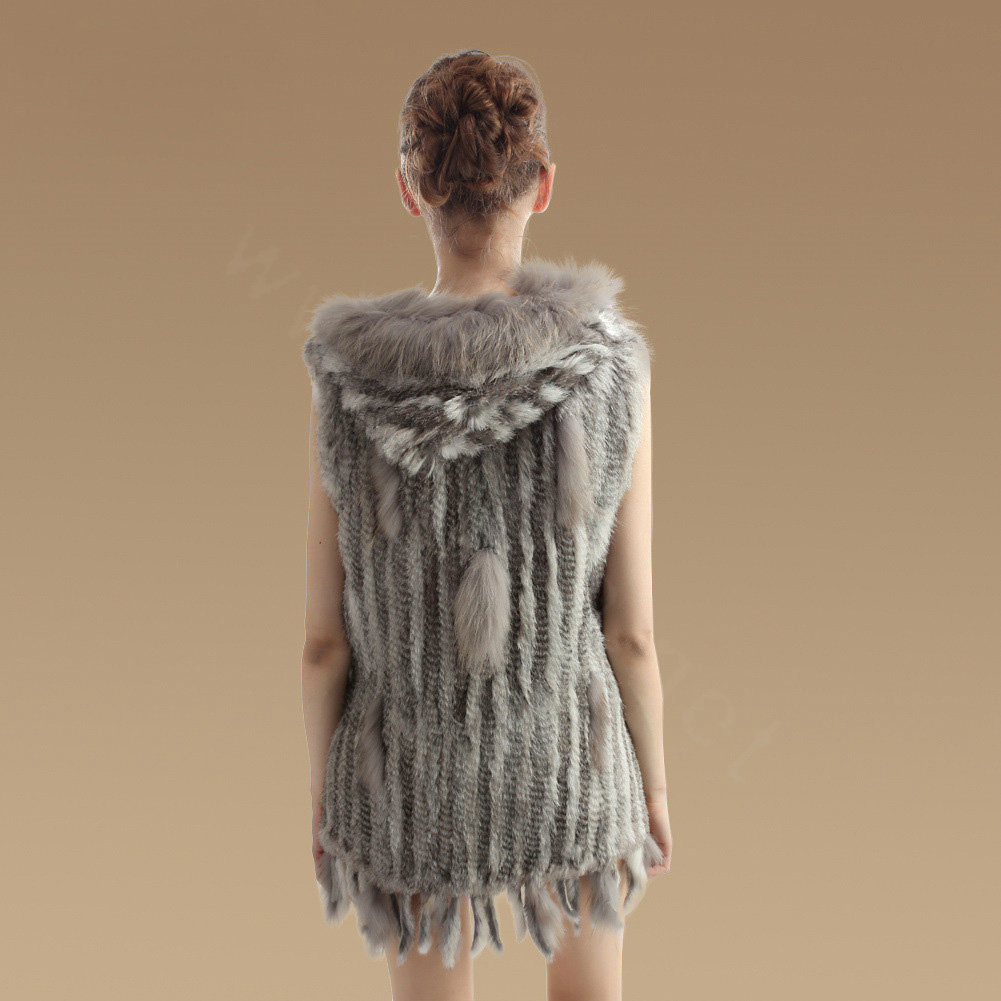 Fashion Real Rabbit Fur Vests Winter kint Women's Raccoon Fur Hooded Gilet - Natural Grey
