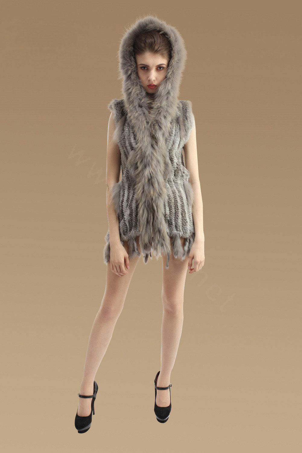 Fashion Real Rabbit Fur Vests Winter kint Women's Raccoon Fur Hooded Gilet - Natural Grey