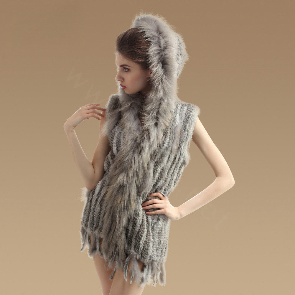 Fashion Real Rabbit Fur Vests Winter kint Women's Raccoon Fur Hooded Gilet - Natural Grey