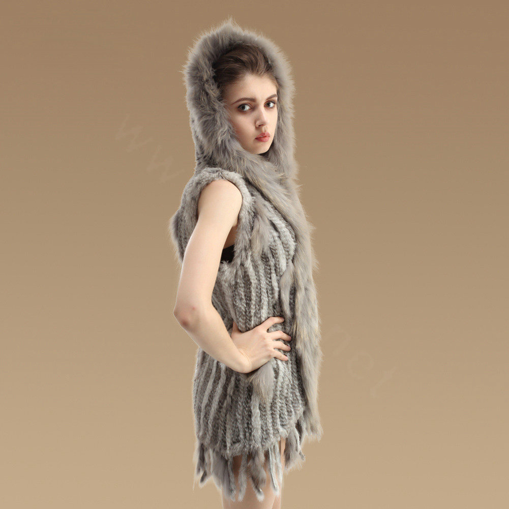 Fashion Real Rabbit Fur Vests Winter kint Women's Raccoon Fur Hooded Gilet - Natural Grey