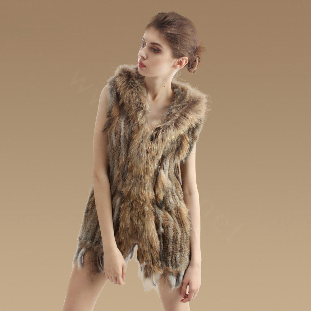 Fashion Real Rabbit Fur Vests Winter kint Women's Raccoon Fur Hooded Gilet - Natural Yellow