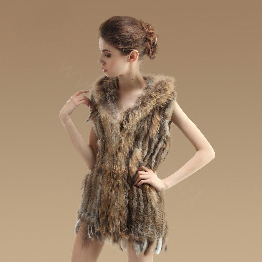 Fashion Real Rabbit Fur Vests Winter kint Women's Raccoon Fur Hooded Gilet - Natural Yellow