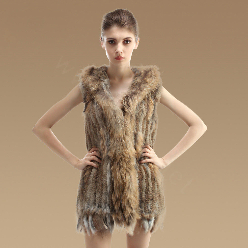 Fashion Real Rabbit Fur Vests Winter kint Women's Raccoon Fur Hooded Gilet - Natural Yellow