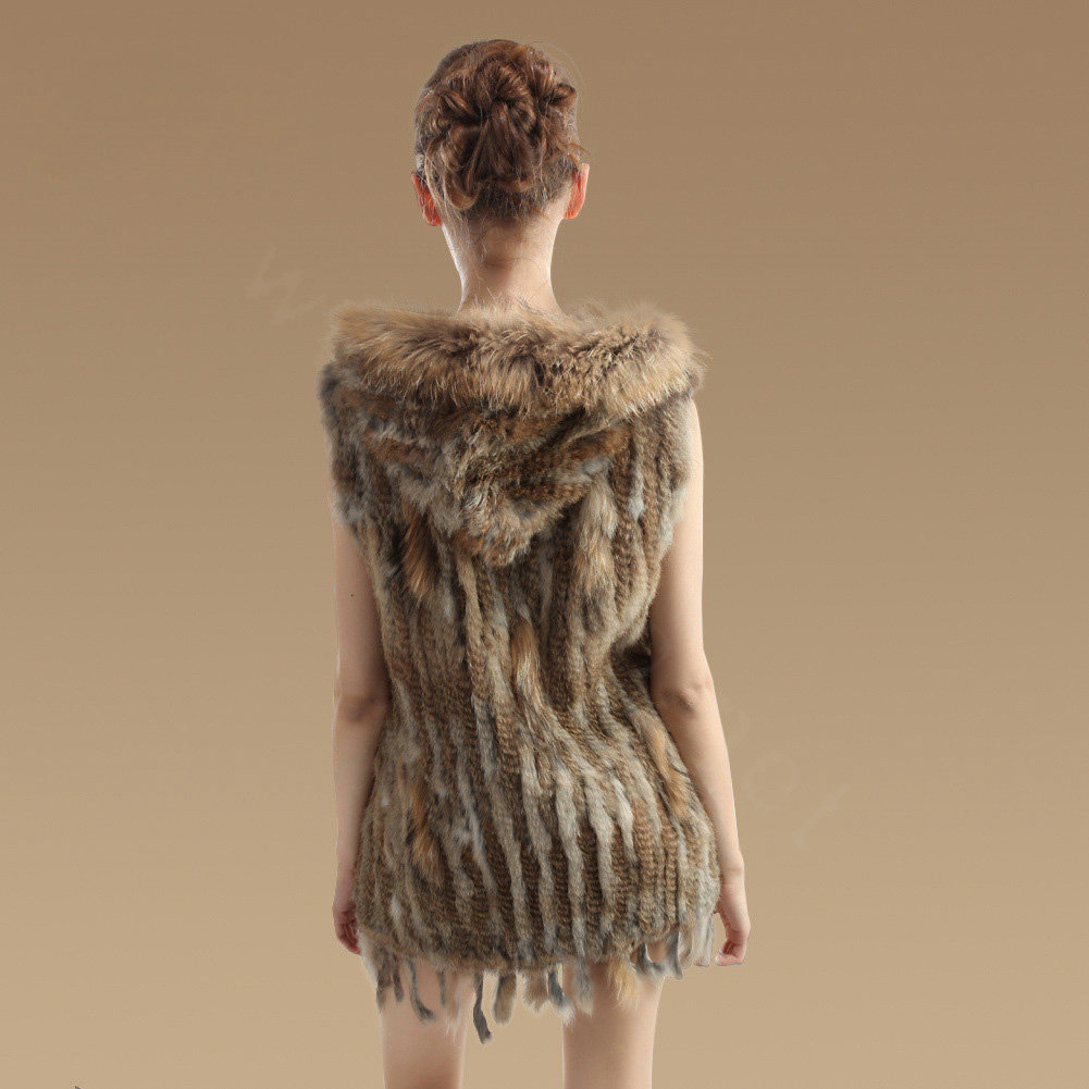 Fashion Real Rabbit Fur Vests Winter kint Women's Raccoon Fur Hooded Gilet - Natural Yellow