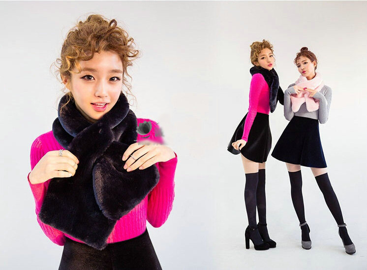 Fashion Simple Faux Mink Fur Scarf Winter Warm Mink Fur Collar Women Short Cross Fur Muffler - Black