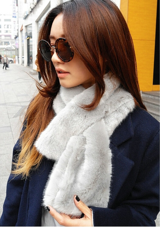 Fashion Simple Faux Mink Fur Scarf Winter Warm Mink Fur Collar Women Short Cross Fur Muffler - Grey