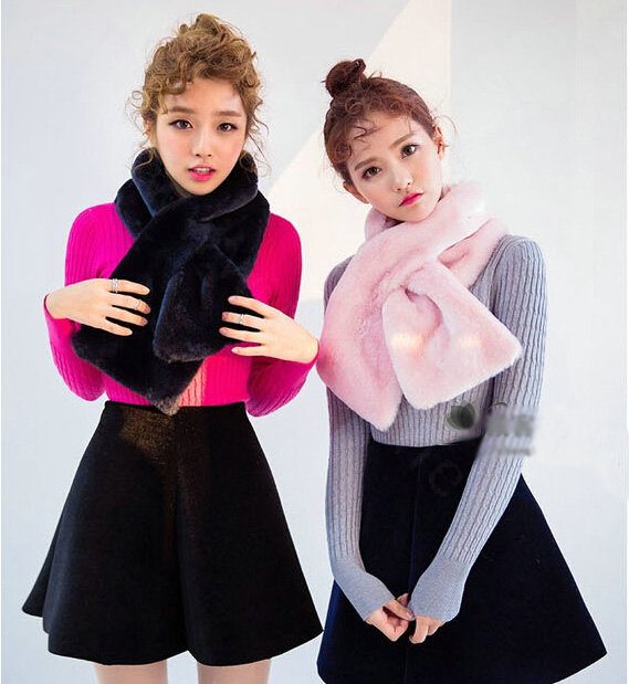 Fashion Simple Faux Mink Fur Scarf Winter Warm Mink Fur Collar Women Short Cross Fur Muffler - Pink