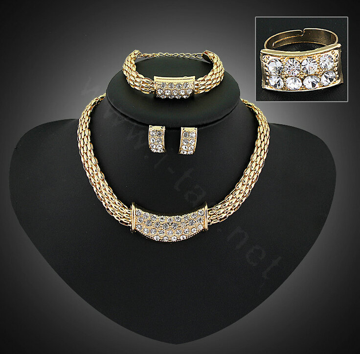 Fashion Squre Crystal Gold Plated Bridal Wedding Jewelry Sets Necklace Earrings Bracelet Ring 4pcs/set
