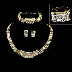 Fashion Squre Crystal Gold Plated Bridal Wedding Jewelry Sets Necklace Earrings Bracelet Ring 4pcs/set