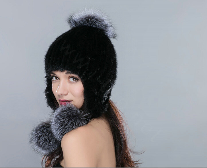Fashion Winter Genuine Mink Fur Caps With Fox Fur Pom Poms Women Knitted Bomber Hat - Black