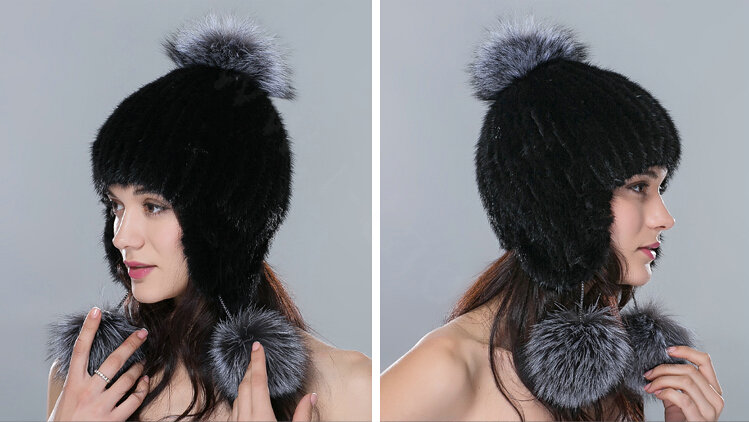 Fashion Winter Genuine Mink Fur Caps With Fox Fur Pom Poms Women Knitted Bomber Hat - Black