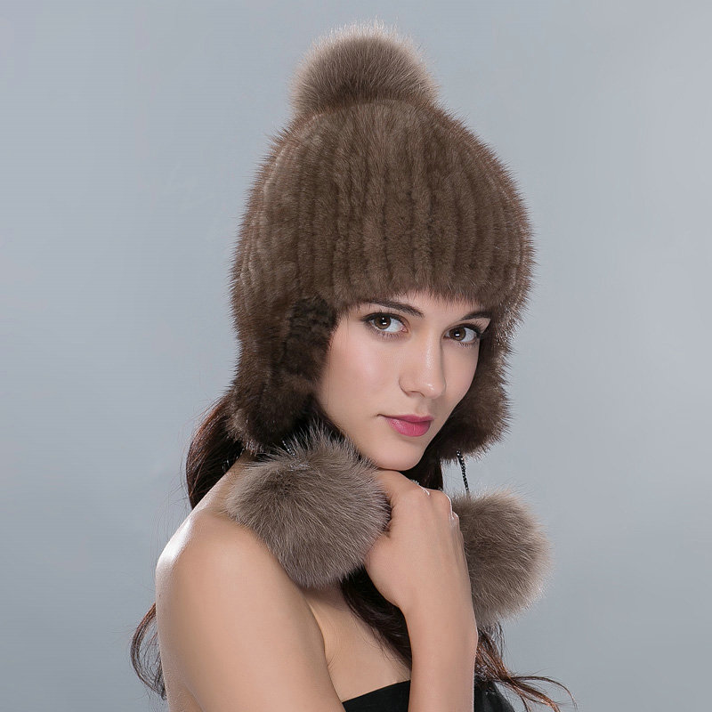 Fashion Winter Genuine Mink Fur Caps With Fox Fur Pom Poms Women Knitted Bomber Hat - Brown