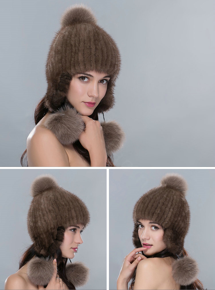 Fashion Winter Genuine Mink Fur Caps With Fox Fur Pom Poms Women Knitted Bomber Hat - Brown