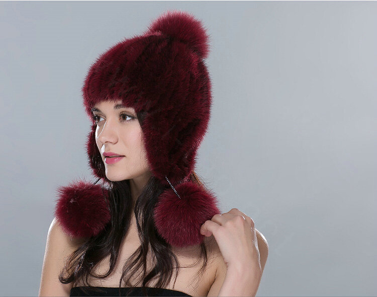 Fashion Winter Genuine Mink Fur Caps With Fox Fur Pom Poms Women Knitted Bomber Hat - Wine Red