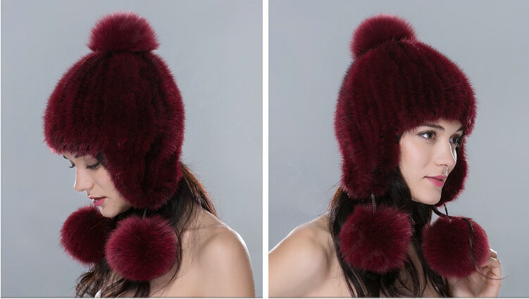 Fashion Winter Genuine Mink Fur Caps With Fox Fur Pom Poms Women Knitted Bomber Hat - Wine Red