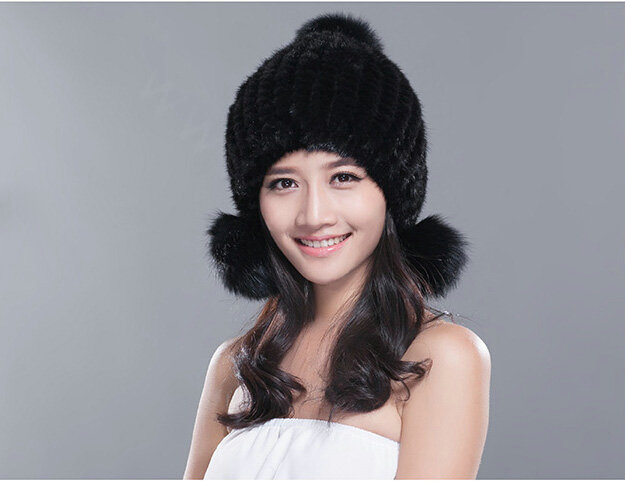 Fashion Winter Real Mink Fur Hat With Fox Fur Pom Poms Women Knitted Beanies Caps - Black