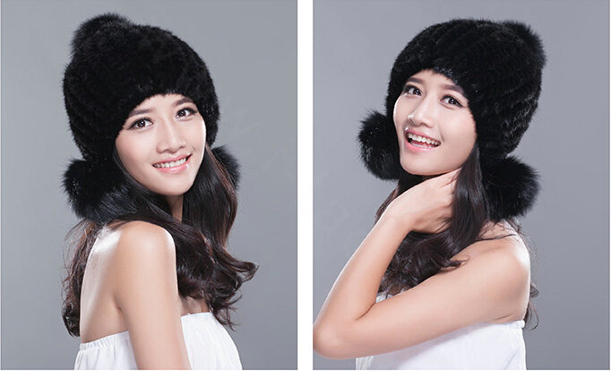 Fashion Winter Real Mink Fur Hat With Fox Fur Pom Poms Women Knitted Beanies Caps - Black