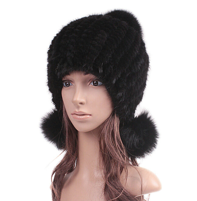 Fashion Winter Real Mink Fur Hat With Fox Fur Pom Poms Women Knitted Beanies Caps - Black
