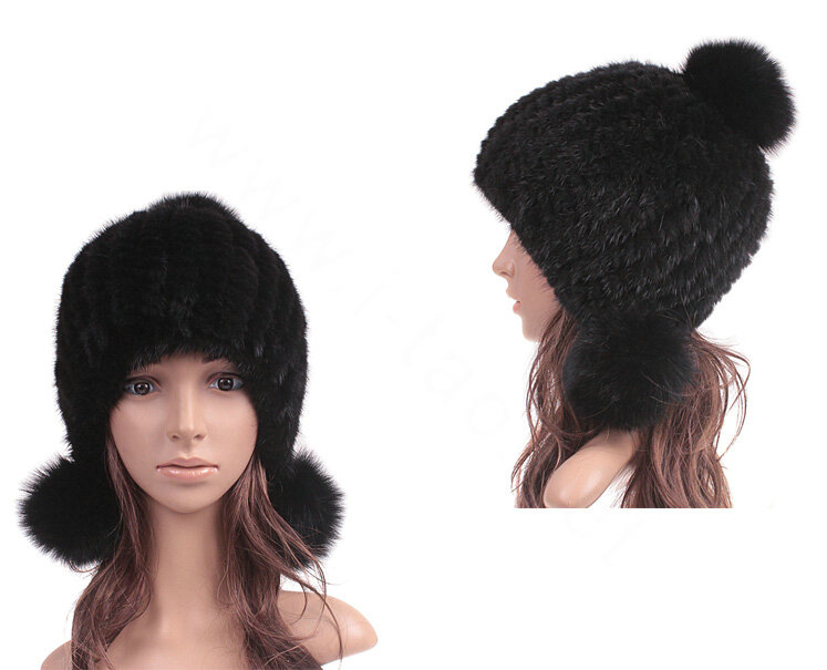 Fashion Winter Real Mink Fur Hat With Fox Fur Pom Poms Women Knitted Beanies Caps - Black