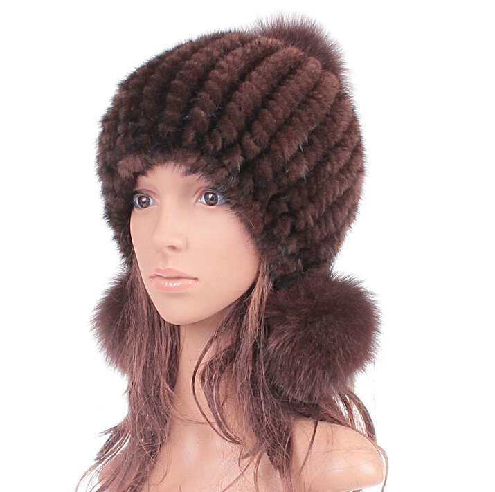 Fashion Winter Real Mink Fur Hat With Fox Fur Pom Poms Women Knitted Beanies Caps - Coffee