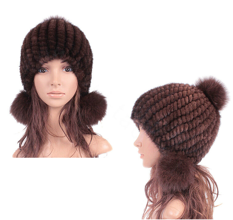 Fashion Winter Real Mink Fur Hat With Fox Fur Pom Poms Women Knitted Beanies Caps - Coffee