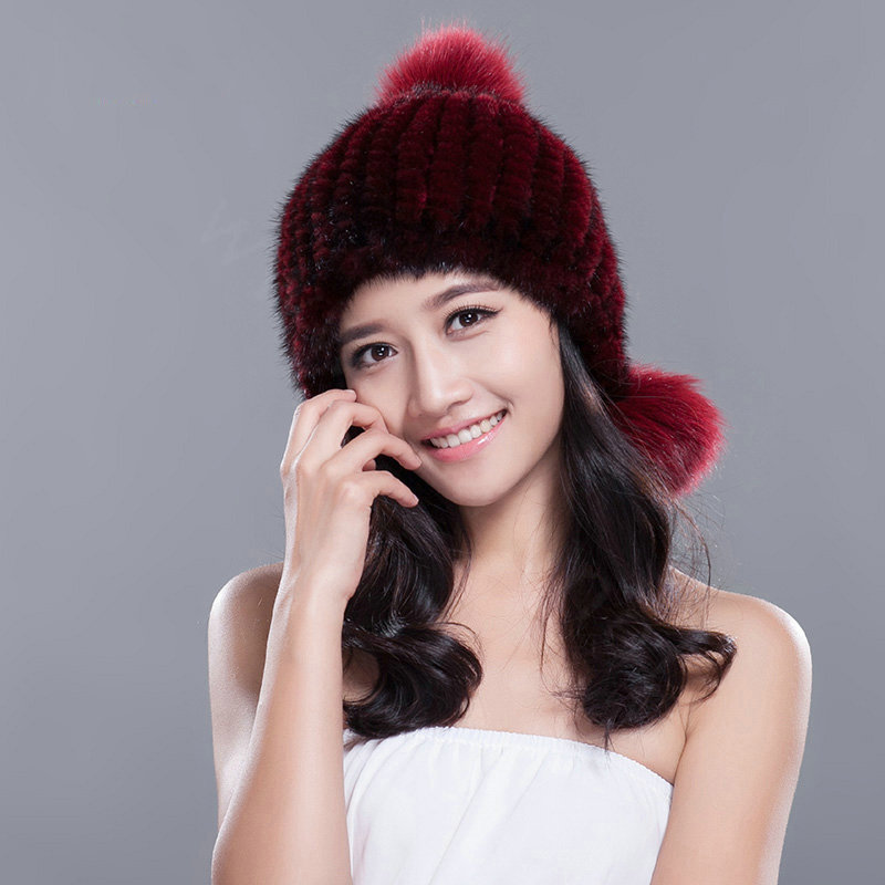 Fashion Winter Real Mink Fur Hat With Fox Fur Pom Poms Women Knitted Beanies Caps - Wine Red