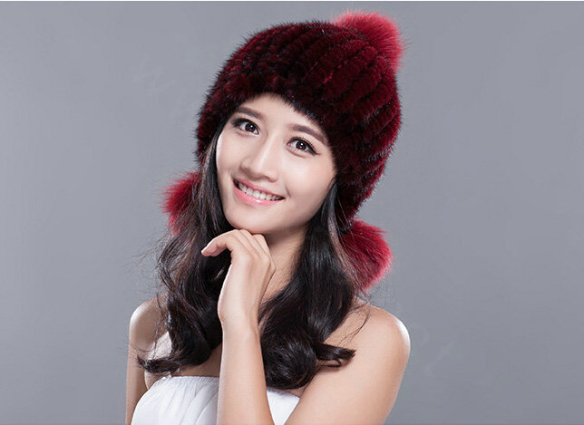 Fashion Winter Real Mink Fur Hat With Fox Fur Pom Poms Women Knitted Beanies Caps - Wine Red