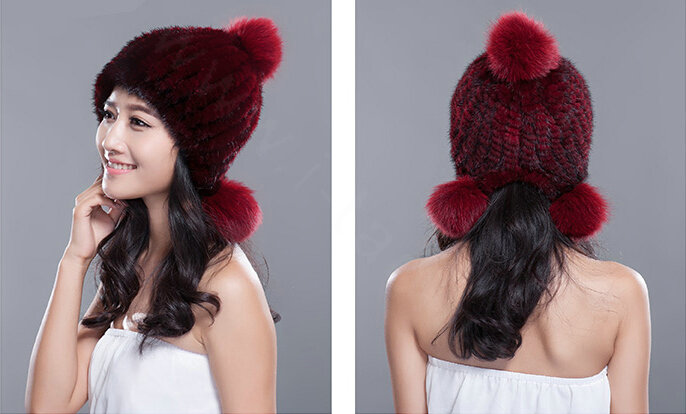 Fashion Winter Real Mink Fur Hat With Fox Fur Pom Poms Women Knitted Beanies Caps - Wine Red