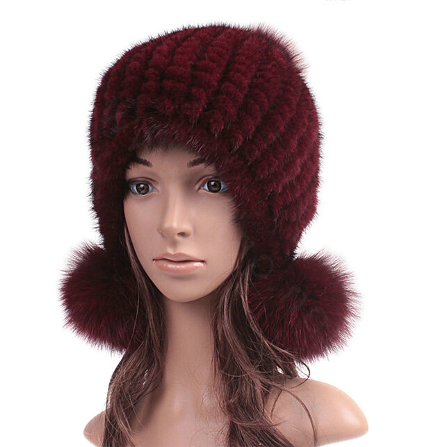 Fashion Winter Real Mink Fur Hat With Fox Fur Pom Poms Women Knitted Beanies Caps - Wine Red
