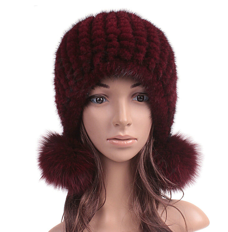 Fashion Winter Real Mink Fur Hat With Fox Fur Pom Poms Women Knitted Beanies Caps - Wine Red