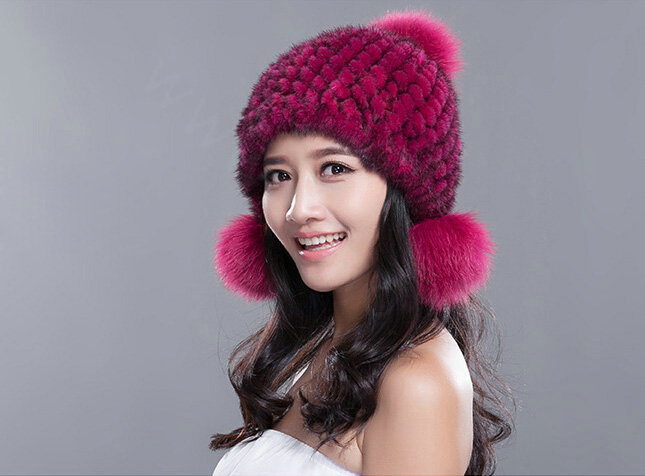 Fashion Winter Real Mink Fur Hat With Fox Fur Pom Poms Women Knitted Ear Protector Caps - Rose Black