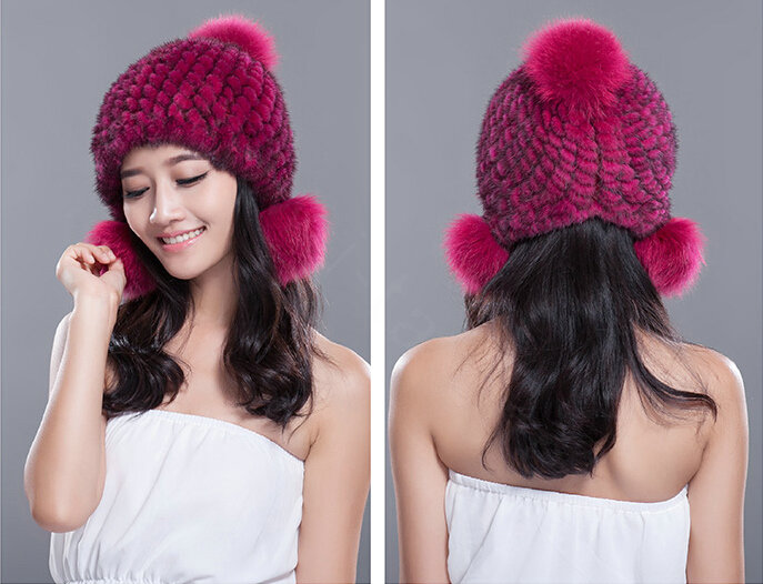 Fashion Winter Real Mink Fur Hat With Fox Fur Pom Poms Women Knitted Ear Protector Caps - Rose Black