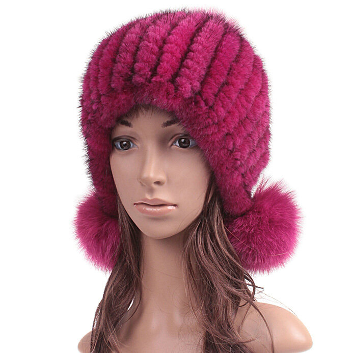 Fashion Winter Real Mink Fur Hat With Fox Fur Pom Poms Women Knitted Ear Protector Caps - Rose Black