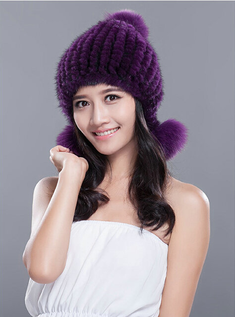 Fashion Winter Real Mink Fur Hat With Fox Fur Pom Poms Women Knitted Ear Protector Caps - Violet