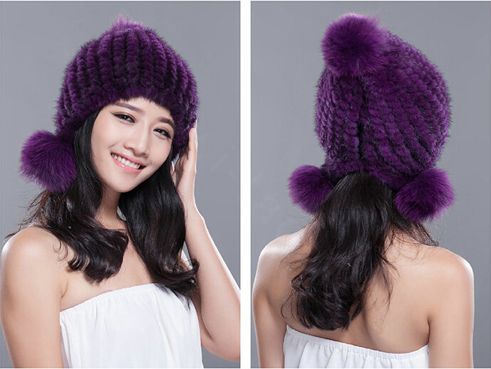 Fashion Winter Real Mink Fur Hat With Fox Fur Pom Poms Women Knitted Ear Protector Caps - Violet