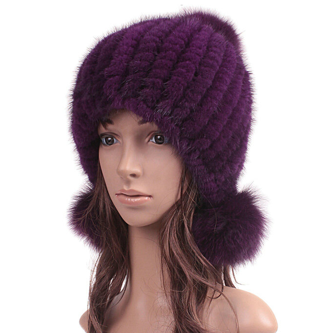 Fashion Winter Real Mink Fur Hat With Fox Fur Pom Poms Women Knitted Ear Protector Caps - Violet