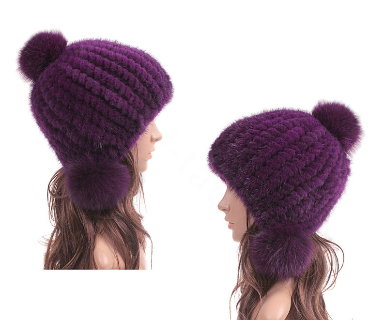 Fashion Winter Real Mink Fur Hat With Fox Fur Pom Poms Women Knitted Ear Protector Caps - Violet