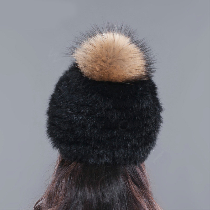 Fashion Winter Real Whole Rabbit Fur Hat With Raccoon Fur Ball Women Knitted Beanies Hat - Black